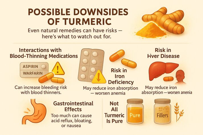 Turmeric and Erectile Dysfunction: Uses and Benefits of Curcumin on Sexual Health 3 Infographic showing the possible side effects of turmeric, including interactions with blood thinners, risks in liver disease and iron deficiency, digestive issues, and impure commercial powders.