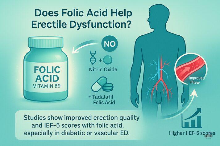 “Infographic showing how folic acid improves erectile dysfunction by boosting nitric oxide and blood flow, raising IIEF-5 scores especially in diabetic or vascular ED.”