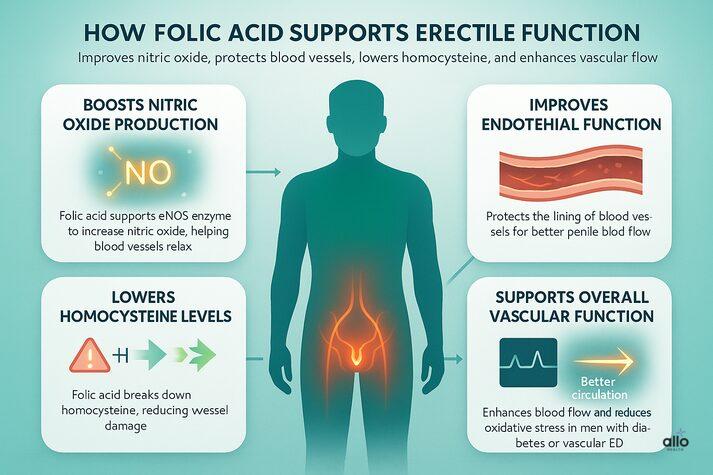 “Diagram explaining how folic acid supports erectile function by boosting nitric oxide, protecting endothelium, lowering homocysteine, and improving vascular health.”
