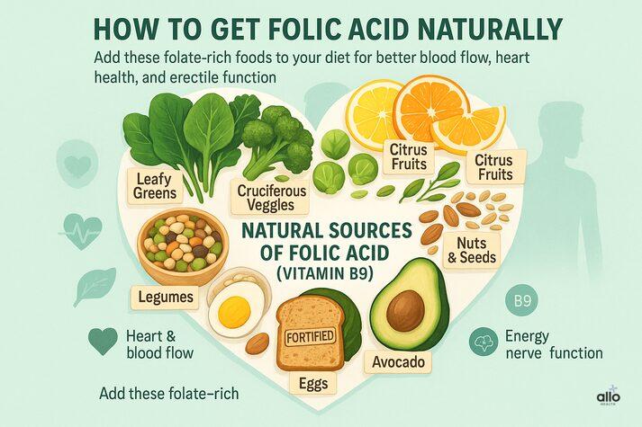 “Heart-shaped infographic of natural folic acid food sources—spinach, lentils, citrus fruits, eggs, avocado, nuts, and fortified grains—for blood flow and erectile health.”