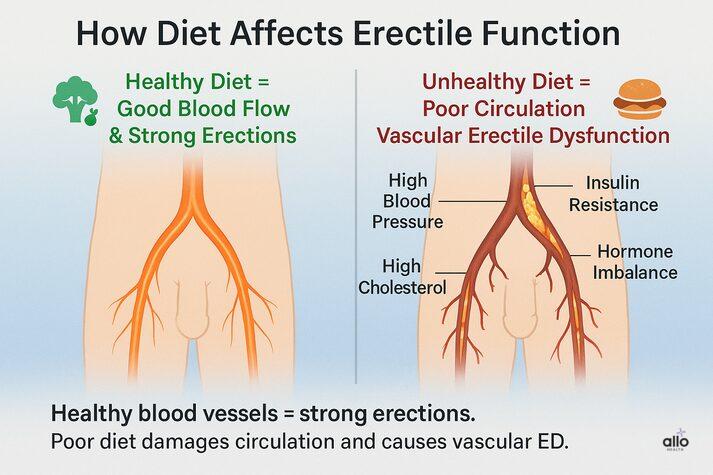 Foods to Avoid for Erectile Dysfunction: Worst Foods for Sexual Health 2 Infographic comparing healthy and unhealthy diets showing how poor eating habits damage blood vessels and reduce blood flow, leading to erectile dysfunction.