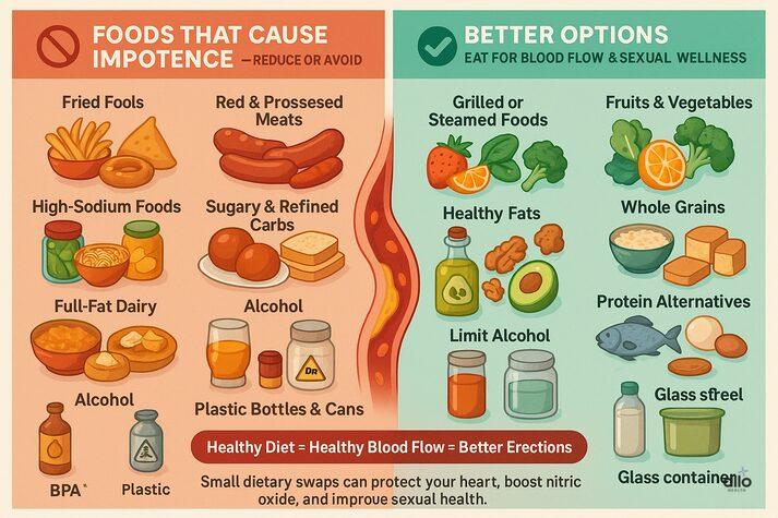 Foods to Avoid for Erectile Dysfunction: Worst Foods for Sexual Health 3 Alt text: Infographic showing foods that cause impotence such as fried foods, red meat, alcohol, and sugary snacks alongside healthier options like fruits, vegetables, olive oil, and whole grains.