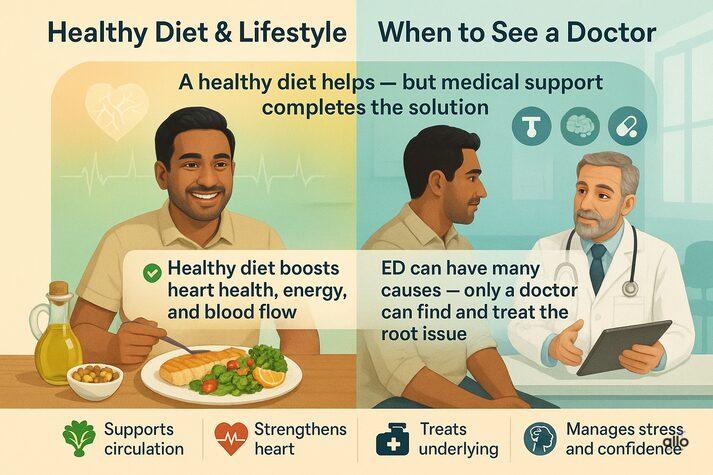 Foods to Avoid for Erectile Dysfunction: Worst Foods for Sexual Health 4 Illustration showing an Indian man eating healthy food and consulting a doctor, explaining that a balanced diet supports blood flow but medical help is needed to treat erectile dysfunction.