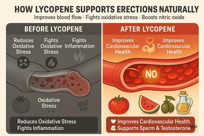 Lycopene and Erectile Dysfunction: Uses, Dosages, Benefits, and Side Effects 3 Infographic comparing blood flow before and after lycopene use, showing how it reduces oxidative stress, fights inflammation, and boosts nitric oxide to improve cardiovascular and sexual health.