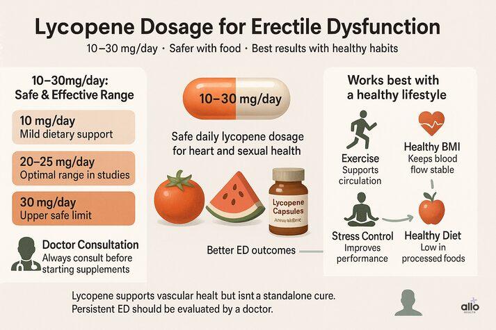 Lycopene and Erectile Dysfunction: Uses, Dosages, Benefits, and Side Effects 5 Infographic explaining lycopene dosage for erectile dysfunction, showing a 10–30 mg/day safe range, supplement guidance, and healthy lifestyle habits like exercise and stress control for better results.