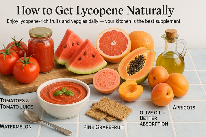 Lycopene and Erectile Dysfunction: Uses, Dosages, Benefits, and Side Effects 6 Infographic displaying lycopene-rich foods such as tomatoes, watermelon, pink grapefruit, papaya, apricots, guava, and olive oil, emphasizing Mediterranean diet and natural absorption benefits.