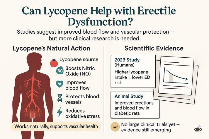 Lycopene and Erectile Dysfunction: Uses, Dosages, Benefits, and Side Effects 2 IInfographic showing how lycopene may help erectile dysfunction by boosting nitric oxide, improving blood flow, and protecting blood vessels, supported by 2023 human and animal studies.