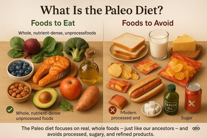 “Infographic comparing Paleo foods to eat versus foods to avoid, showing healthy items like salmon, avocado, fruits, and nuts contrasted with processed foods, refined oils, dairy, and sugar.”