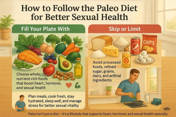 “Infographic showing how to follow the Paleo diet for sexual health with foods to eat like fish, vegetables, nuts, and olive oil, foods to avoid like bread and processed snacks, and lifestyle tips such as cooking fresh, staying hydrated, and managing stress.”