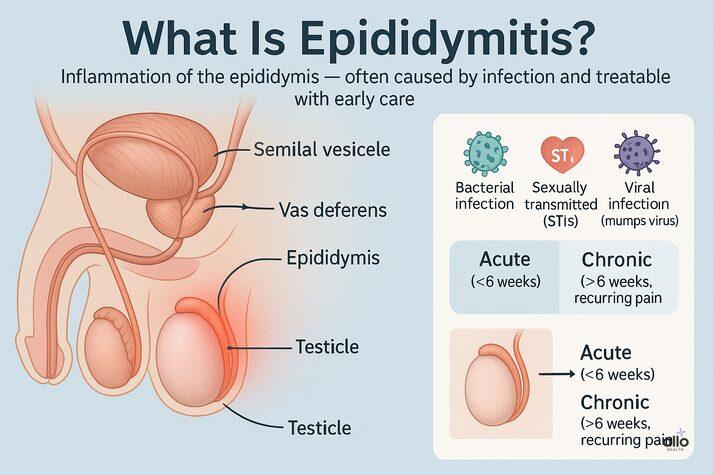 Epididymitis and Erectile Dysfunction: Causes and Treatments 2 “Medical illustration of the male reproductive system showing the epididymis, vas deferens, and testicle, with causes like bacterial, viral, and sexually transmitted infections labeled.”