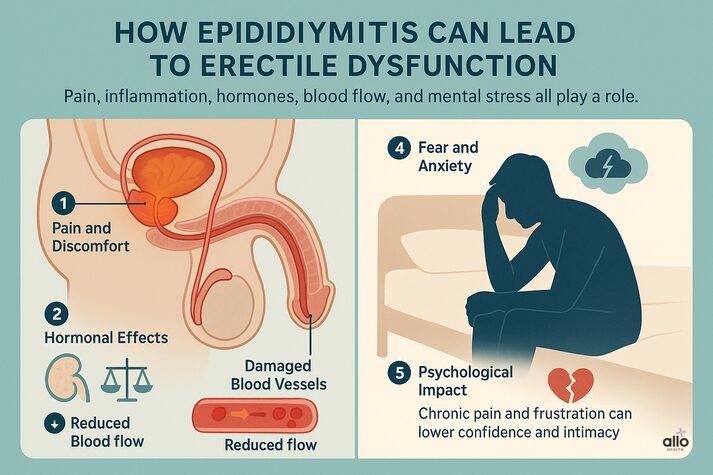 Epididymitis and Erectile Dysfunction: Causes and Treatments 3 “Medical infographic explaining how epididymitis leads to erectile dysfunction through pain, hormonal changes, blood vessel damage, anxiety, and psychological stress.”