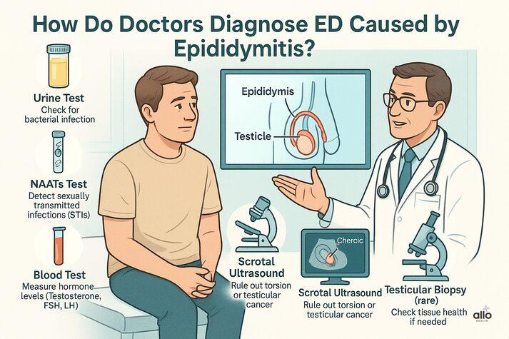 Epididymitis and Erectile Dysfunction: Causes and Treatments 5 “Doctor explaining diagnostic steps for erectile dysfunction caused by epididymitis, including urine tests, STI screening, hormone blood tests, scrotal ultrasound, and biopsy.”