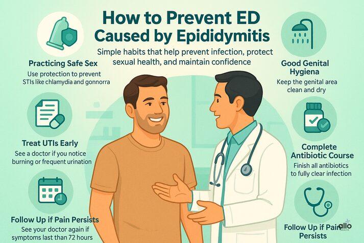 Epididymitis and Erectile Dysfunction: Causes and Treatments 7 “Infographic showing prevention tips for erectile dysfunction caused by epididymitis, including safe sex, early UTI treatment, good hygiene, completing antibiotics, and medical follow-up.”