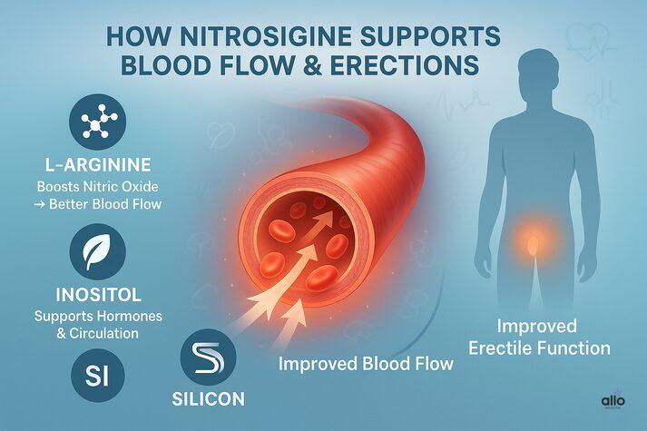 Illustration of a blood vessel with arrows showing increased flow, listing L-arginine, inositol, and silicon as key Nitrosigine components that improve circulation and erectile performance.