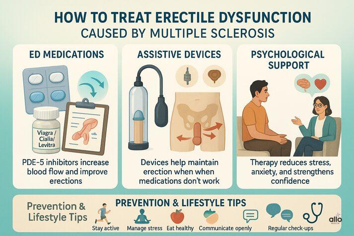 Infographic showing treatment options for erectile dysfunction in men with multiple sclerosis, including medications like PDE-5 inhibitors, assistive devices, psychological therapy, and lifestyle tips.