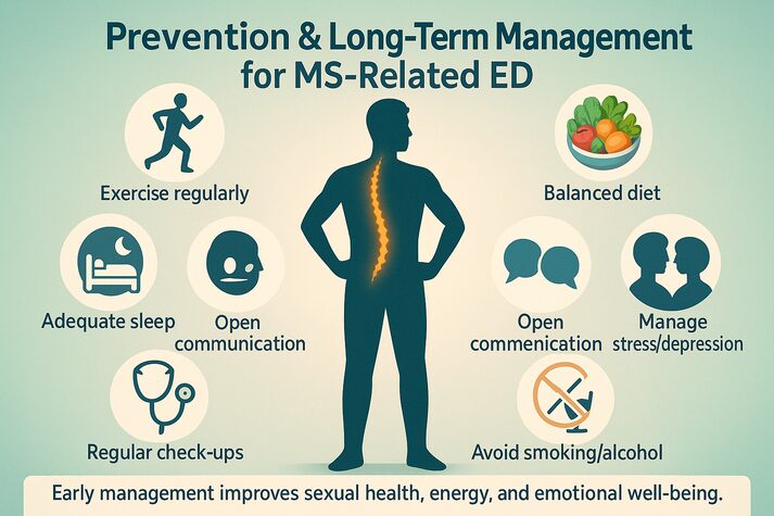 Infographic showing prevention and long-term management tips for erectile dysfunction in men with multiple sclerosis, including exercise, balanced diet, good sleep, open communication, stress management, regular check-ups, and avoiding smoking or alcohol.