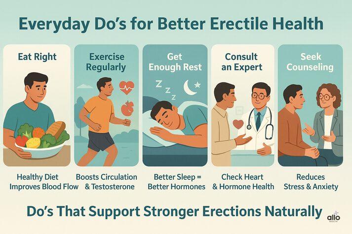 Erectile Dysfunction Do’s and Don’ts: Lifestyle Guide 2 Infographic showing five healthy habits for erectile health: eating right, exercising regularly, getting enough rest, consulting an expert, and seeking counseling. Illustrations show men eating healthy food, swimming, sleeping, talking to a doctor, and attending therapy.