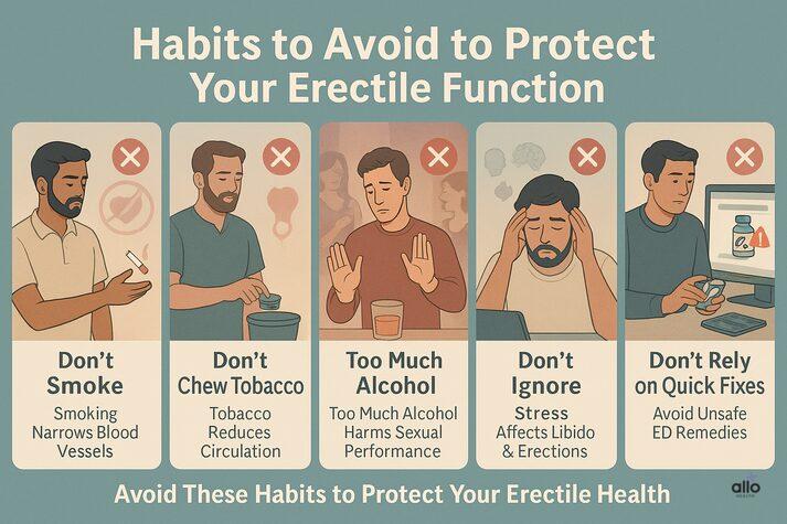 Erectile Dysfunction Do’s and Don’ts: Lifestyle Guide 3 Educational infographic with five panels showing habits to avoid for erectile function: smoking, chewing tobacco, drinking too much alcohol, ignoring stress, and relying on quick fixes. Each panel shows a man performing or avoiding these actions with red warning icons.