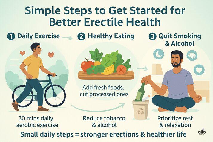 Erectile Dysfunction Do’s and Don’ts: Lifestyle Guide 4 Infographic showing three healthy steps for better erectile health — daily exercise, healthy eating, and quitting smoking and alcohol. Illustrations include a man cycling, a bowl of vegetables, and a man throwing away a cigarette. Text reads “Small daily steps = stronger erections & healthier life.”