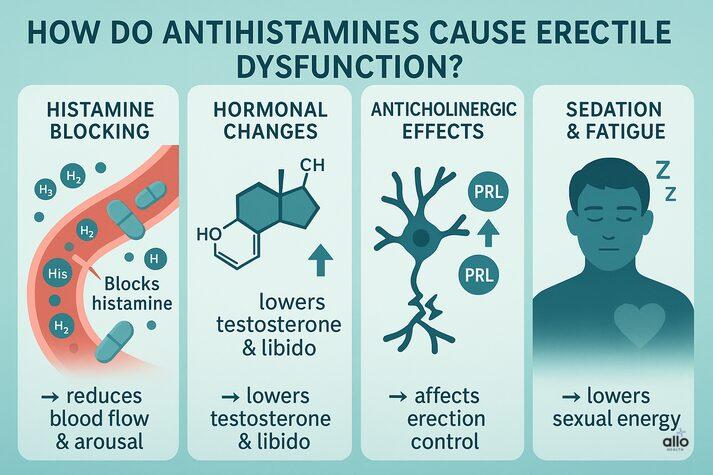 Infographic explaining how antihistamines cause erectile dysfunction through histamine blocking, hormonal changes, anticholinergic effects, and sedation or fatigue.