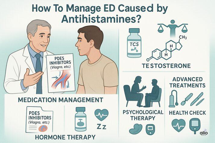 Medical infographic showing a doctor explaining treatment options for antihistamine-related erectile dysfunction, including PDE5 inhibitors, hormone therapy, psychotherapy, advanced treatments, and health checks.