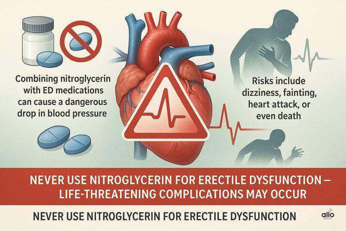 Nitroglycerin and Erectile Dysfunction: Safe or Risky? 4 “Medical infographic showing that combining nitroglycerin with ED drugs can dangerously lower blood pressure. Includes a heart illustration, warning symbols, and notes about dizziness, fainting, and heart attack risks.”