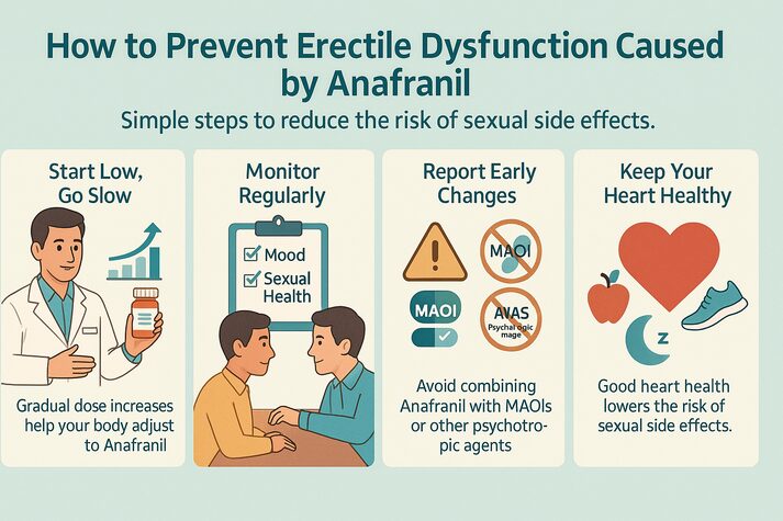 Infographic outlining prevention tips for Anafranil-related erectile dysfunction, including gradual dosing, regular monitoring, early reporting, and maintaining heart health.