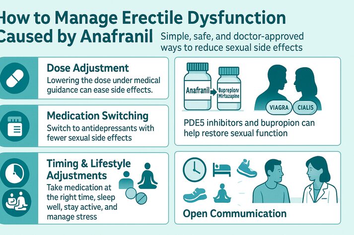 Infographic showing management tips for Anafranil-related erectile dysfunction — dose adjustment, medication switching, supportive therapy, healthy habits, and open doctor-patient communication.
