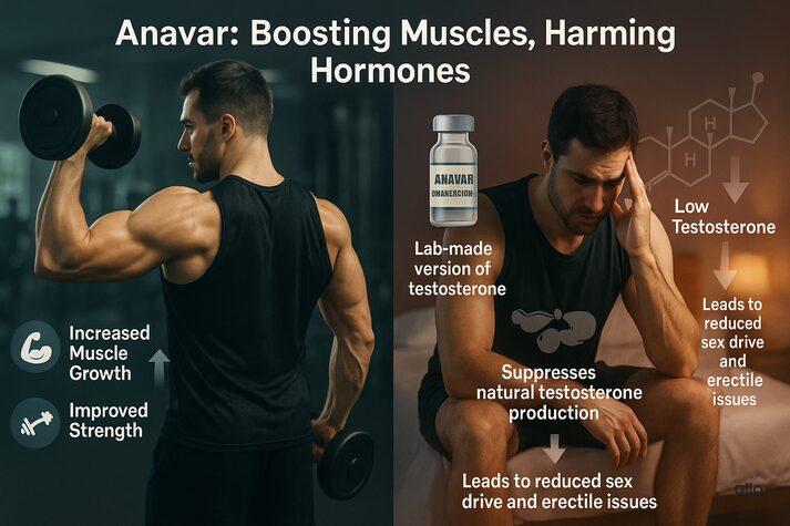 Anavar (Oxandrolone) and Erectile Dysfunction: Steroid Use and Risks 2 “Split-scene image showing a muscular man lifting weights on one side and the same man looking fatigued on the other, symbolizing how Anavar boosts muscle growth but suppresses natural testosterone and harms sexual health.”