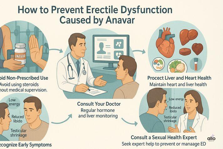 Anavar (Oxandrolone) and Erectile Dysfunction: Steroid Use and Risks 6 “Infographic showing prevention tips for erectile dysfunction caused by Anavar: avoid non-prescribed use, consult a doctor, protect liver and heart health, recognize early symptoms, and consult a sexual health expert.”