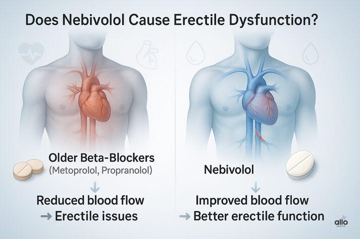 Nebivolol and Erectile Dysfunction: Blood Pressure Med Side Effects 2 “Side-by-side medical comparison showing older beta-blockers causing reduced blood flow and erectile issues versus Nebivolol improving blood flow and erectile function.”