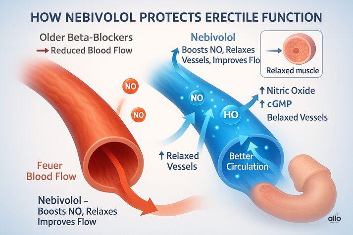 Nebivolol and Erectile Dysfunction: Blood Pressure Med Side Effects 3 “Infographic showing how Nebivolol boosts nitric oxide and cGMP levels to relax blood vessels, enhance penile circulation, and improve erectile function compared to older beta-blockers.”