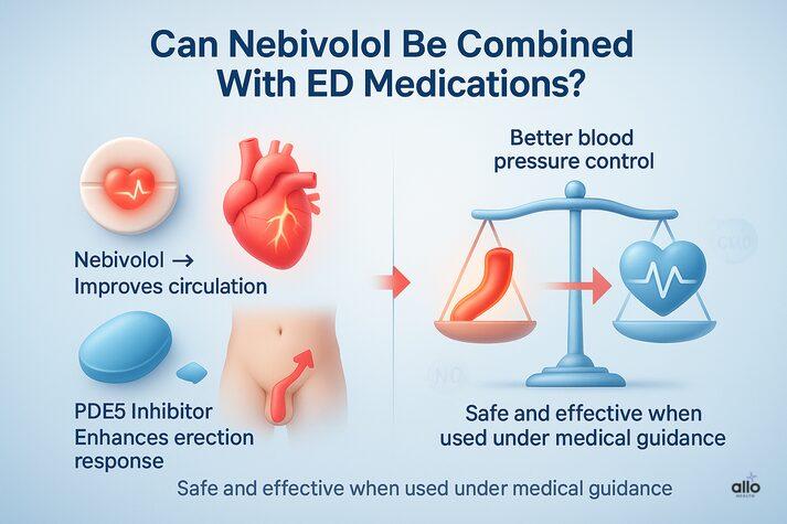 Nebivolol and Erectile Dysfunction: Blood Pressure Med Side Effects 4 “Educational graphic illustrating that Nebivolol and PDE5 inhibitors such as Viagra can safely complement each other under medical guidance to improve blood pressure control and erectile response.”