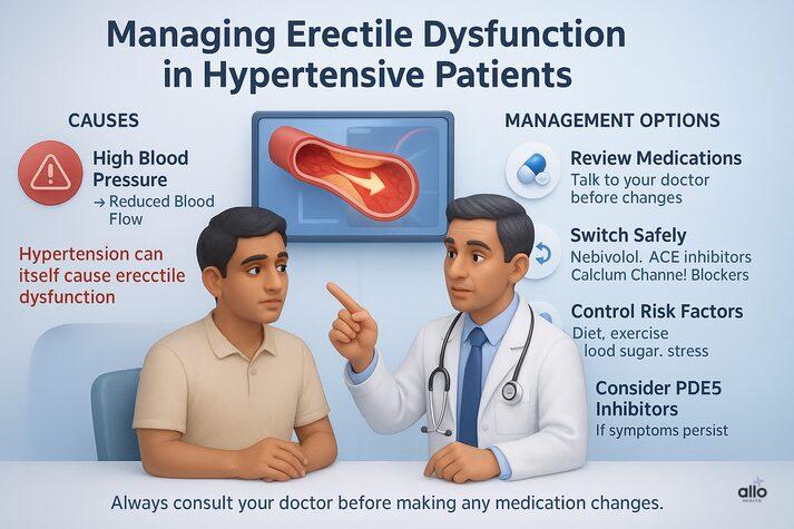Nebivolol and Erectile Dysfunction: Blood Pressure Med Side Effects 5 “Doctor explaining to a hypertensive male patient how high blood pressure itself can cause erectile dysfunction and outlining safe management steps including reviewing medications, switching to Nebivolol or ACE inhibitors, and controlling lifestyle risk factors.”