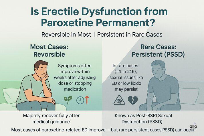 Paroxetine and Erectile Dysfunction: Causes and Treatments 4 “Infographic comparing reversible versus persistent cases of erectile dysfunction caused by paroxetine, highlighting that most recover while rare cases may persist as PSSD.”