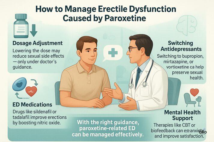 Paroxetine and Erectile Dysfunction: Causes and Treatments 5 “Infographic showing management options for paroxetine-induced erectile dysfunction including dose adjustment, switching antidepressants, using ED medications, and therapy support.”