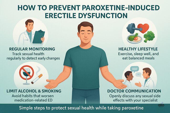 Paroxetine and Erectile Dysfunction: Causes and Treatments 6 “Infographic showing four prevention tips for paroxetine-related erectile dysfunction: regular monitoring, healthy lifestyle, limiting alcohol and smoking, and talking to a doctor.”