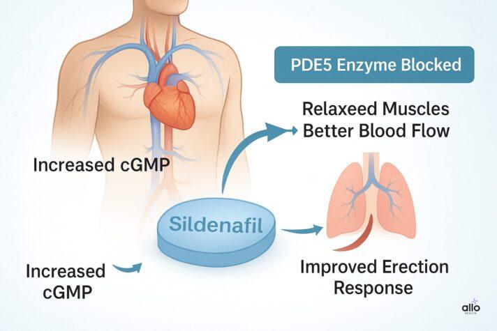 सिल्डेनाफिल साइट्रेट टैबलेट: उपयोग, साइड इफेक्ट्स और ज़रूरी जानकारी (Sildenafil in Hindi) 1 Sildenafil ka effect dikhata hua medical infographic — PDE5 enzyme block hone, cGMP badhne aur blood flow improve hone ka process batata hai