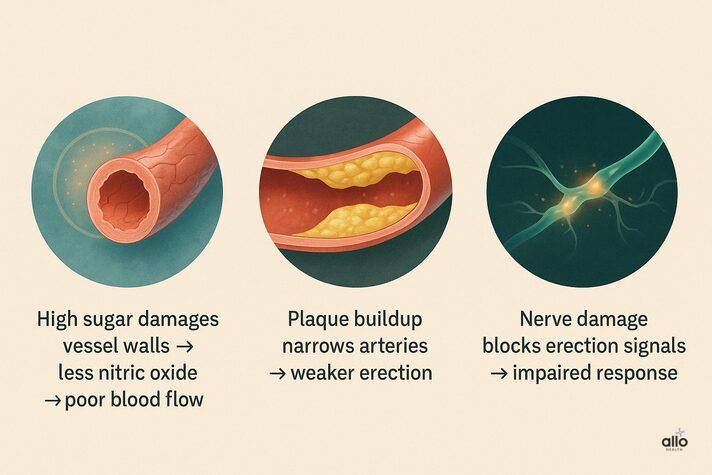 Metformin and Erectile Dysfunction: Link Between and Sexual Side Effects 5 Medical infographic illustrating does metformin cause erectile dysfunction compared to diabetes effects, showing blood vessel damage, plaque buildup, and nerve damage pathways.