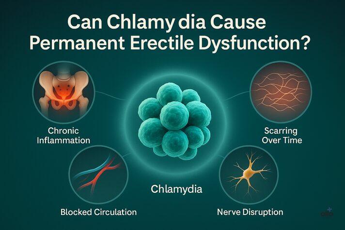 Chlamydia and Erectile Dysfunction: Can This STD Cause ED? 4 3D medical illustration focusing on Chlamydia trachomatis bacteria and showing how long-term infection can cause permanent erectile dysfunction through inflammation, scarring, and nerve damage.