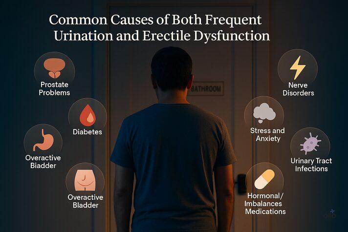 Frequent Urination and Erectile Dysfunction: Link Between and Impact on Sexual Health 3 A 3D realistic image of a man standing in front of a bathroom door at night, surrounded by glowing floating icons representing prostate problems, diabetes, nerve disorders, and stress — showing the common causes of both frequent urination and erectile dysfunction.
