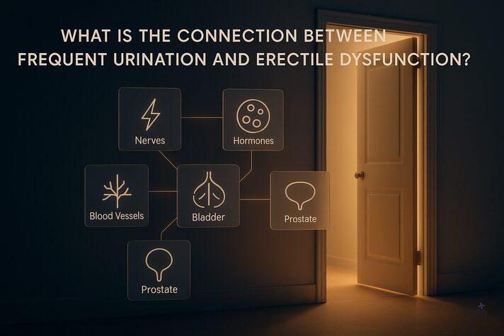 Frequent Urination and Erectile Dysfunction: Link Between and Impact on Sexual Health 1 A 3D realistic scene showing a half-open bathroom door glowing with warm light, with floating medical icons and lines illustrating the connection between bladder, nerves, hormones, and blood flow — symbolizing the link between frequent urination and erectile dysfunction.