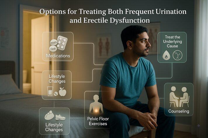 Frequent Urination and Erectile Dysfunction: Link Between and Impact on Sexual Health 4 A realistic image of an Indian man sitting thoughtfully on a bed, surrounded by floating icons for medications, lifestyle changes, pelvic floor exercises, and counseling — illustrating different treatment options for frequent urination and erectile dysfunction.