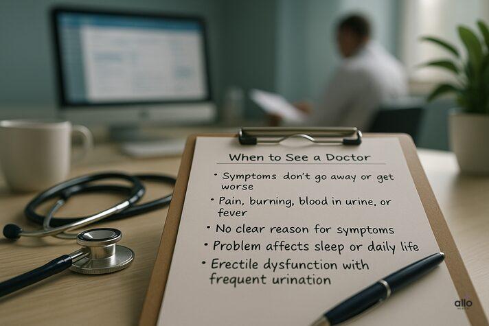 Frequent Urination and Erectile Dysfunction: Link Between and Impact on Sexual Health 5 A realistic close-up of a doctor’s notepad on a clinic desk titled “When to See a Doctor,” listing symptoms like pain, blood in urine, and erectile dysfunction with frequent urination, surrounded by a stethoscope and coffee cup in a calm clinical setting.