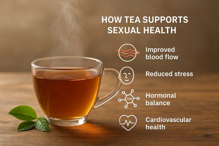 A cup of hot tea with icons showing improved blood flow, reduced stress, hormonal balance, and cardiovascular health — explaining how tea for erectile dysfunction supports sexual wellness.