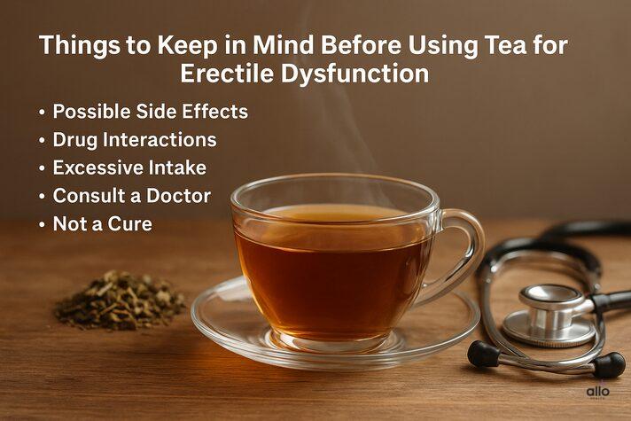 A steaming cup of tea beside a stethoscope with a list of cautions like side effects, drug interactions, and consulting a doctor — safety tips when using tea for erectile dysfunction.