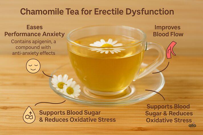 “Cup of chamomile tea surrounded by chamomile flowers with infographic benefits like easing anxiety, improving blood flow, and reducing oxidative stress for better erectile function.”