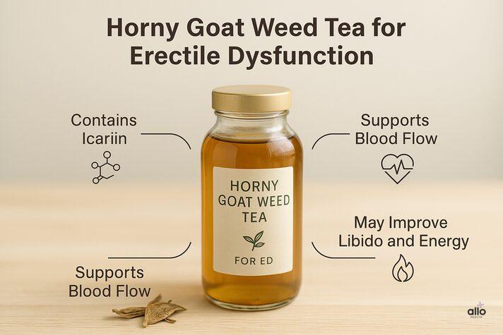 “Glass bottle labeled Horny Goat Weed Tea for ED with infographic benefits showing how icariin supports blood flow, boosts libido, and acts like natural ED medication.”