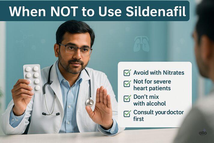 सिल्डेनाफिल साइट्रेट टैबलेट: उपयोग, साइड इफेक्ट्स और ज़रूरी जानकारी (Sildenafil in Hindi) 4 “Indian doctor patient ko sildenafil tablet samjhate hue, table par checklist likha hai — avoid with nitrates, not for severe heart patients, don’t mix with alcohol, consult doctor first — sildenafil tablet use in hindi ke liye informative image