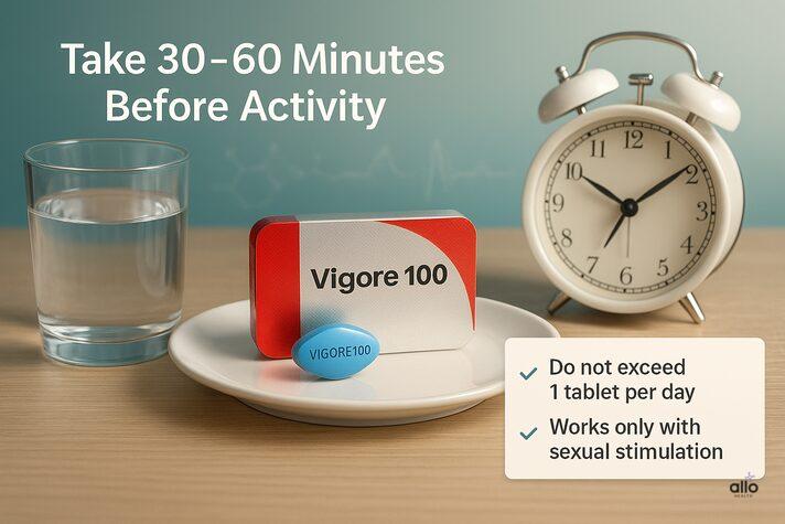 Clock, water glass aur Vigore 100 tablet ke sath dosage instructions dikhata image — take 30–60 minutes before activity, 1 tablet per day.